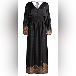 Scoop V-Neck Sinched Waist Dress Black Paisley Border, Size L